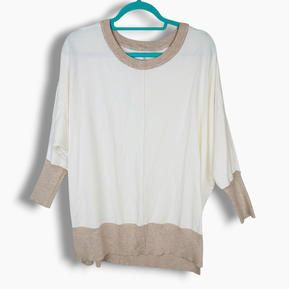 Wonderly Ivory Dolman Sweater Women Large Colorblock Trim Crew Neck Knit NEW